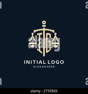 Logo iniziale IG con scala di giustizia e icona dello scudo, stile lussuoso ed elegante logo dello studio legale Illustrazione Vettoriale