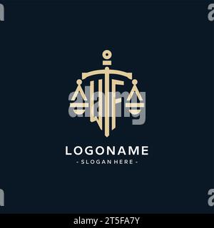 Logo iniziale WF con scala di giustizia e icona dello scudo, stile elegante e lussuoso logo dello studio legale Illustrazione Vettoriale