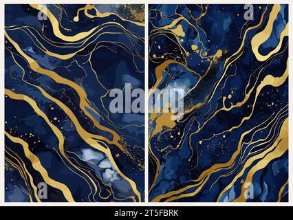 Set di moderni sfondi in marmo blu scuro e oro. Illustrazione Vettoriale