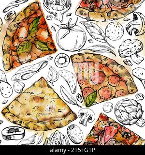 Illustrazione dell'inchiostro ad acquerello disegnato a mano. Fetta di pizza con condimenti, pasto tradizionale italiano. Motivo senza cuciture isolato su bianco. Progettazione Foto Stock