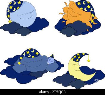 Set di luna addormentata, sole e nuvole nei cappellini notturni. Cartoni animati oggetti celesti. Illustrazione vettoriale di caratteri di buona natura su uno sfondo bianco Illustrazione Vettoriale