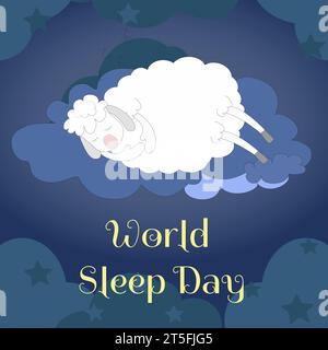 Un grazioso agnello bianco piange di notte sulle nuvole nel cielo blu. Cartolina dei cartoni animati per la giornata internazionale del sonno. Illustrazione Vettoriale