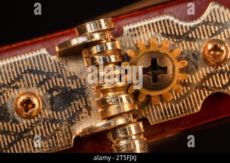 Primo piano del meccanismo di sintonizzazione di una chitarra acustica classica. Foto Stock