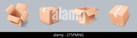 pacchetto 3d. Scatola di consegna realistica, pacco in cartone aperto per la logistica del negozio o del carico vista laterale diversa, regalo chiuso e aperto, invio di carta riciclabile Illustrazione Vettoriale