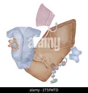 Illustrazione ad acquerello con accessori per bambini isolati su sfondo bianco. Coperta e body disegnati a mano . Abbigliamento per bambini in tonalità pastello. Ele Foto Stock