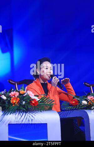 CONTEA DI LUANNAN - 3 GENNAIO: Il famoso artista dello spettacolo PingJu Feng Yuping sul palco, nel grande teatro ChengZhaoCai, 3 gennaio 2014, luannan Foto Stock