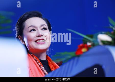 CONTEA DI LUANNAN - 4 GENNAIO: Il famoso artista Feng Yuping PingJu si esibisce sul palco, nel grande teatro ChengZhaoCai, 4 gennaio 2014, luannan Foto Stock