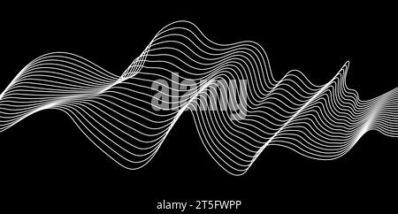 Design a onda di sfondo astratta in bianco e nero con grafica ottica. Strisce bianche e nere curve in modo bizzarro con onde che si snodano lungo la traiettoria. Illustrazione Vettoriale