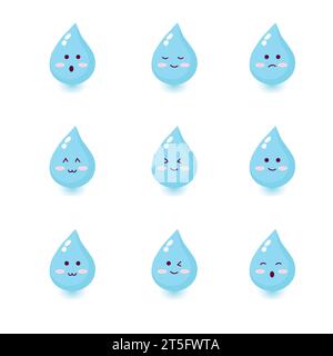 Collezione carina e allegra di set a gocce d'acqua.disegno dell'icona di un cartone animato piatto Vector.isolato su sfondo bianco. Illustrazione Vettoriale