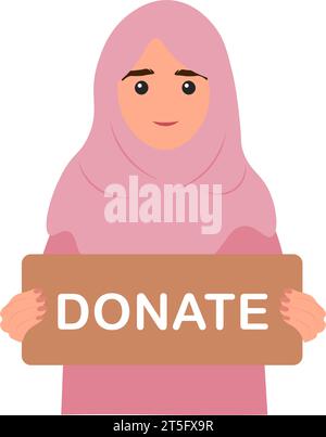 Concetto di donazione e beneficenza. Volontaria araba che tiene in mano un cartello di cartone DonateVector illustrazione Illustrazione Vettoriale