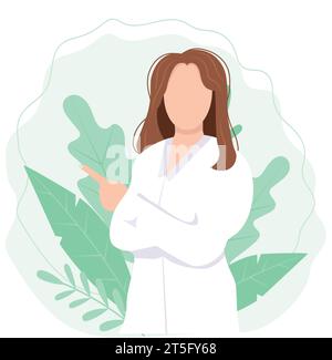 Giovane medico donna in uniforme bianca. Ritratto medico donna. Medico generico in uniforme medica, cappotto. Terapista sorridente. Illustrazione vettoriale piatta Illustrazione Vettoriale