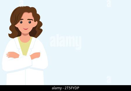 Banner Web con una giovane medico in uniforme bianca. Ritratto medico donna. Medico generico in uniforme medica, cappotto. Terapista sorridente. Piatto Illustrazione Vettoriale