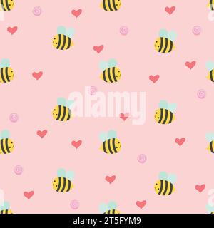 Grazioso motivo senza cuciture con api, fiori e cuori. Illustrazione vettoriale isolata su sfondo rosa. Illustrazione Vettoriale