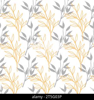 Motivo floreale dei rami senza cuciture. Illustrazione vettoriale. Rami di sfondo con foglie grigie su sfondo bianco. Illustrazione Vettoriale