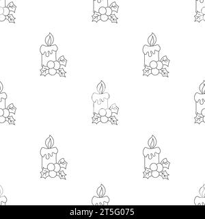 Modello di candele a fuoco natalizie decorate con foglie di holly. Personaggio dei cartoni animati. Illustrazione vettoriale. Profilo nero. Isolato su bac bianco Illustrazione Vettoriale