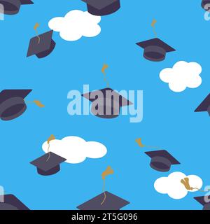 Diplomati cappelli nel cielo delle nuvole. Schema dei simboli di istruzione superiore. Sfondo blu con cappelli. Illustrazione vettoriale Illustrazione Vettoriale