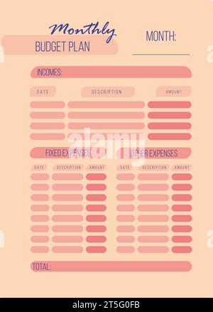 Pianificatore di budget settimanale personale in formato a4. Finanza, entrate e spese. Illustrazione Vettoriale