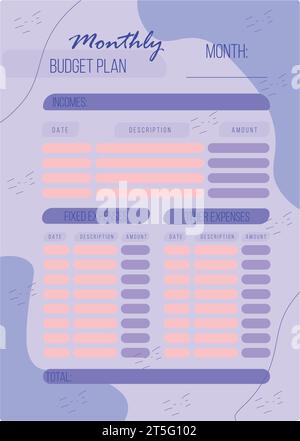 Pianificatore di budget mensile personale in formato a4. Finanza, entrate e spese. Illustrazione Vettoriale