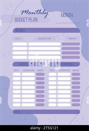 Pianificatore di budget mensile personale in formato a4. Finanza, entrate e spese. Illustrazione Vettoriale