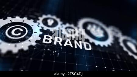 Fumetto con le parole del marchio sullo schermo virtuale. Branding, marketing e pubblicità. Foto Stock