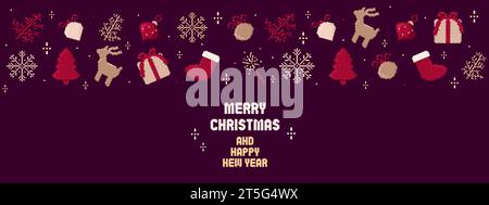 Banner Pixel art Christmas and Happy New Year Illustrazione Vettoriale