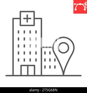 Icona della linea di localizzazione dell'ospedale, navigazione e mappa, edificio ospedaliero con icona del vettore del perno, grafica vettoriale, segno di contorno del tratto modificabile, eps 10. Illustrazione Vettoriale