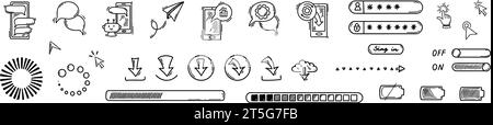 Scarabocchiare utilizzando elementi di design per smartphone. Verifica della password, notifiche attivate, indicatore del caricabatteria, barra di caricamento, icone di download. Robot chatbo Illustrazione Vettoriale