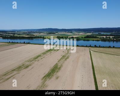 Fiume Danubio con campi prosciugati vicino a Woerth Donau e la chiusa di Geisling, Foto Stock