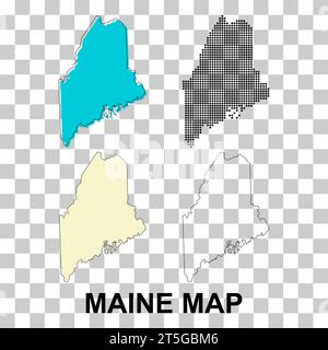 Serie di mappe del Maine, stati uniti d'america. Illustrazione vettoriale a icone piatte . Illustrazione Vettoriale