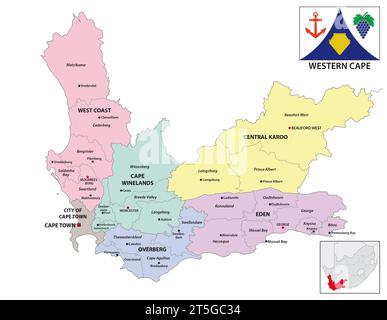 Mappa amministrativa del Capo Occidentale, Sudafrica Foto Stock