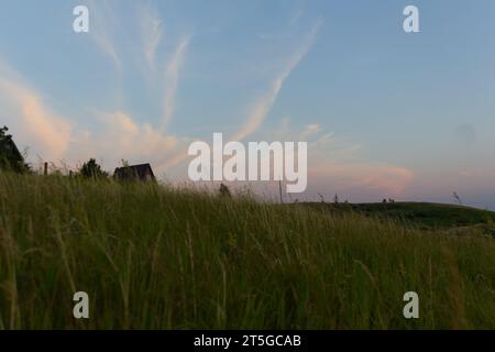 Lontana casa rurale tra i campi Foto Stock