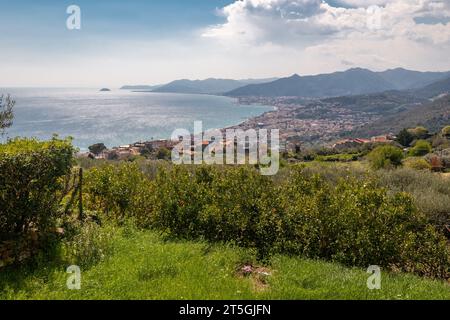 Panorama della Riviera delle Palme da un arancio e oliveto con le città costiere di pietra Ligure, Loano e l'Isola della Gallinara, Savona, Liguria Foto Stock