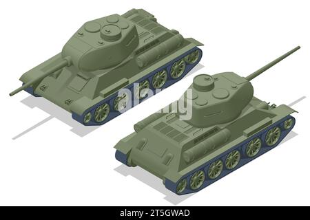 Isometric Tank USSR, Medium Tank T-34 T-85. Veicolo da combattimento blindato progettato per i combattimenti in prima linea, con una potenza di fuoco pesante Illustrazione Vettoriale