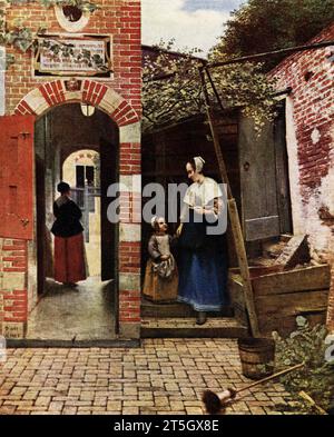 La didascalia del 1916 recita: “Pieter de Hooch 1629-1677. Scuola olandese - Corte di una casa olandese lastricata di mattoni nella Galleria Nazionale. Firmato P D H A 1658 - su una pietra costruita alla base del portico. Verniciato a olio su tela. 2 ft 5 in h. x 1 ft 11,5 in W." Pieter de Hooch è stato un pittore olandese del secolo d'oro famoso per le sue opere di genere di scene domestiche tranquille con una porta aperta. Era un contemporaneo, nella Delft Guild of St. Luke, di Jan Vermeer con cui il suo lavoro condivide temi e stile. Foto Stock