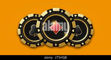 Chip da gioco realistico con la tuta di diamante al centro, gettoni da gioco. Trio di chip o gettone da gioco. Poker o casinò concettuali. Moneta da gioco Illustrazione Vettoriale