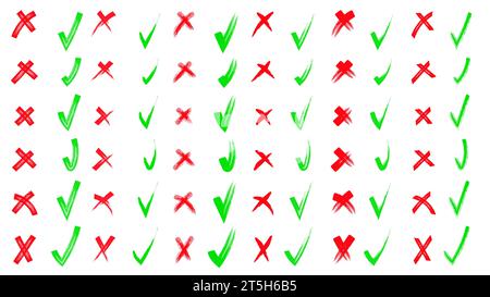Pennello disegnato a mano, segni di spunta e incrocia la raccolta di set. Disegnare, disegnare. Matita, segni di spunta e piccole croci disegnate a mano. Sì e no Re Illustrazione Vettoriale