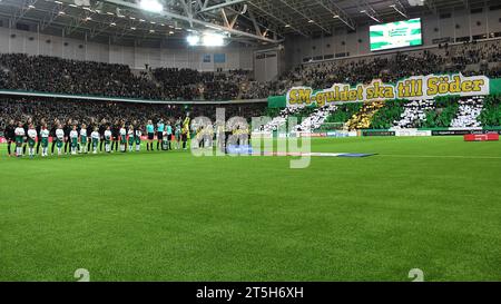 Stoccolma, Svezia. 5 novembre 2023. Stoccolma, Svezia, 5 novembre 2023: Hammarby IF FF tifo davanti alla partita nella Lega svedese OBOS Damallsvenskan il 5 novembre 2023 tra Hammarby IF e BK Hacken al Tele2 di Stoccolma (Peter Sonander/SPP) crediti: SPP Sport Press Photo. /Alamy Live News Foto Stock