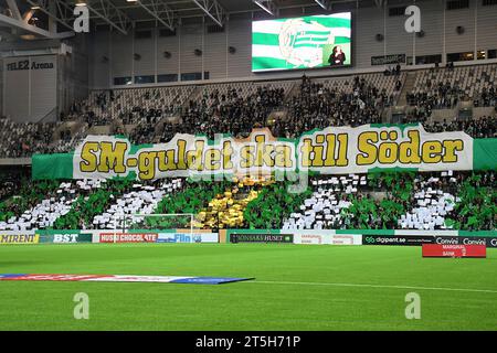 Stoccolma, Svezia. 5 novembre 2023. Stoccolma, Svezia, 5 novembre 2023: Hammarby IF FF tifo davanti alla partita nella Lega svedese OBOS Damallsvenskan il 5 novembre 2023 tra Hammarby IF e BK Hacken al Tele2 di Stoccolma (Peter Sonander/SPP) crediti: SPP Sport Press Photo. /Alamy Live News Foto Stock