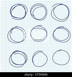 Disegnato a mano cerchi di penne disegnati a linee di schizzo sulle pagine del blocco appunti. Disegnare rotondi con pennarello circolare a penna blu. Illustrazione vettoriale. Illustrazione Vettoriale