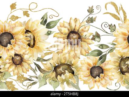 Acquerello girasoli incorniciano il clipart. Motivi floreali autunnali con bordi senza cuciture, motivo a fiori a campo Foto Stock