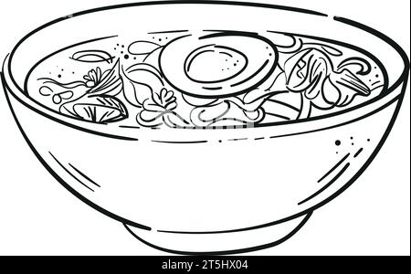 Zuppa di pollo con spaghetti e uovo in un bozzetto. Illustrazione in stile Doodle. Giornata internazionale della zuppa. Menu, design, Web. Illustrazione Vettoriale