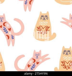 Gatti Folk Art alla moda modello retro senza cuciture Illustrazione Vettoriale