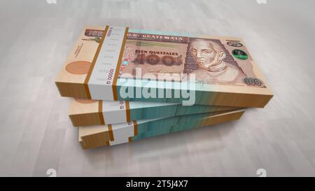 Illustrazione 3d del pacchetto monetario del Guatemala Money quetzal. 100 pile di banconote GTQ. Concetto di finanza, denaro contante, crisi economica, successo commerciale, pausa Foto Stock