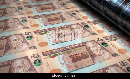 Quetzal Money Printing illustrazione 3D. Stampa di banconote da 100 GTQ. Concetto di finanza, contante, crisi economica, successo commerciale, recessione, banca, tasse e d Foto Stock