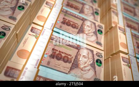 Illustrazione 3d del pacchetto monetario del Guatemala Money quetzal. 100 pile di banconote GTQ. Concetto di finanza, denaro contante, crisi economica, successo commerciale, pausa Foto Stock