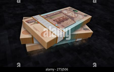 Illustrazione 3d del pacchetto monetario del Guatemala Money quetzal. 100 pile di banconote GTQ. Concetto di finanza, denaro contante, crisi economica, successo commerciale, pausa Foto Stock