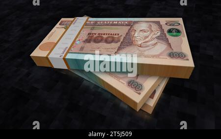 Illustrazione 3d del pacchetto monetario del Guatemala Money quetzal. 100 pile di banconote GTQ. Concetto di finanza, denaro contante, crisi economica, successo commerciale, pausa Foto Stock