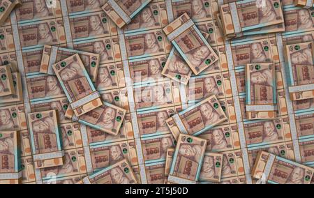 Illustrazione 3d del pacchetto monetario del Guatemala Money quetzal. 100 pile di banconote GTQ. Concetto di finanza, denaro contante, crisi economica, successo commerciale, pausa Foto Stock