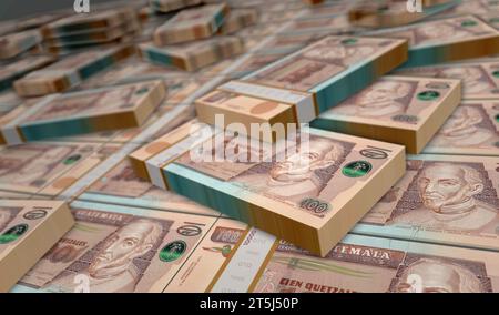 Quetzal Money Printing illustrazione 3D. Stampa di banconote da 100 GTQ. Concetto di finanza, contante, crisi economica, successo commerciale, recessione, banca, tasse e d Foto Stock