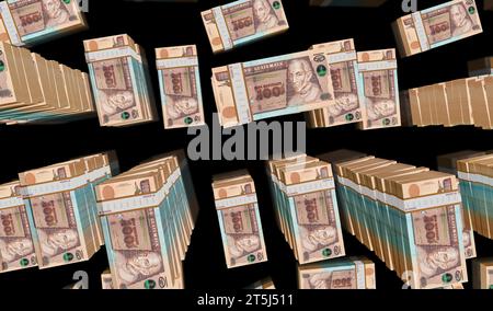 Illustrazione 3d del pacchetto monetario del Guatemala Money quetzal. 100 pile di banconote GTQ. Concetto di finanza, denaro contante, crisi economica, successo commerciale, pausa Foto Stock